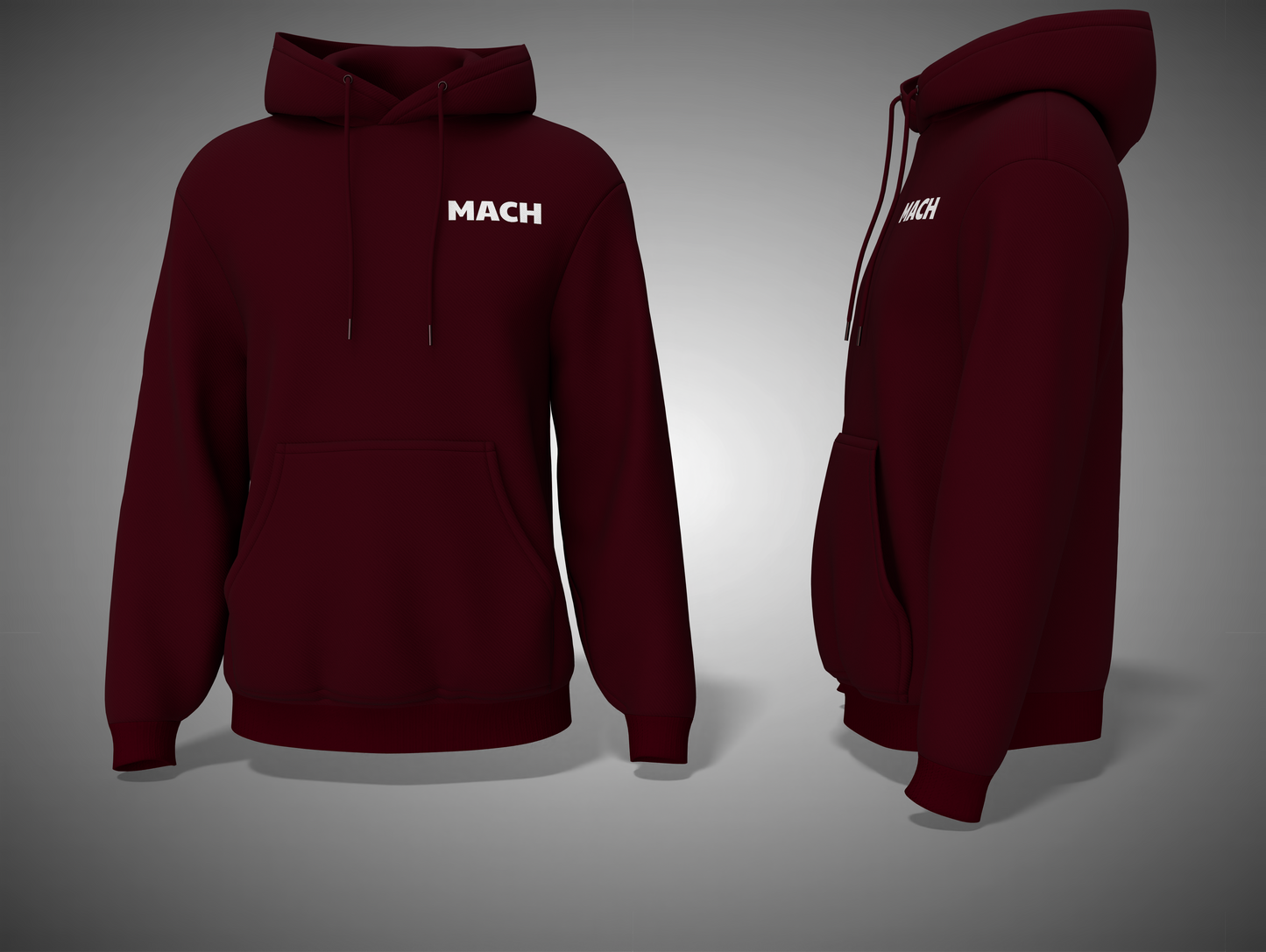 Maroon hoodie with 'MACH' branding on a gray background