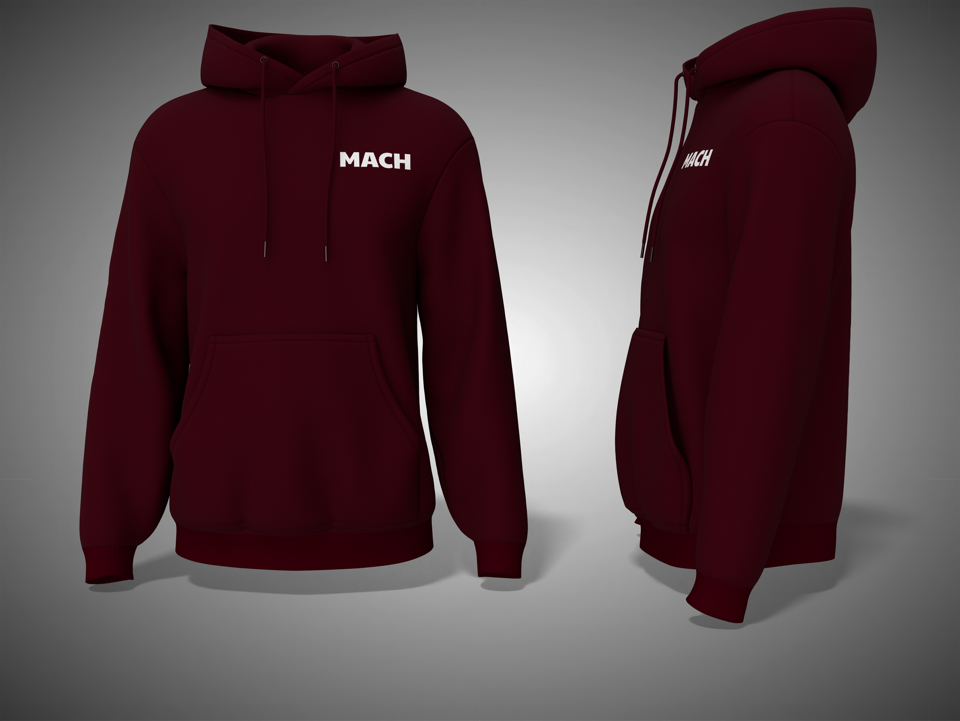 Maroon hoodie with 'MACH' branding on a gray background