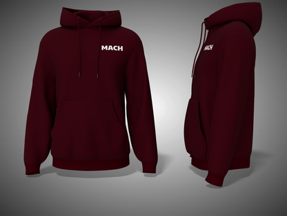 Maroon hoodie with 'MACH' branding on a gray background
