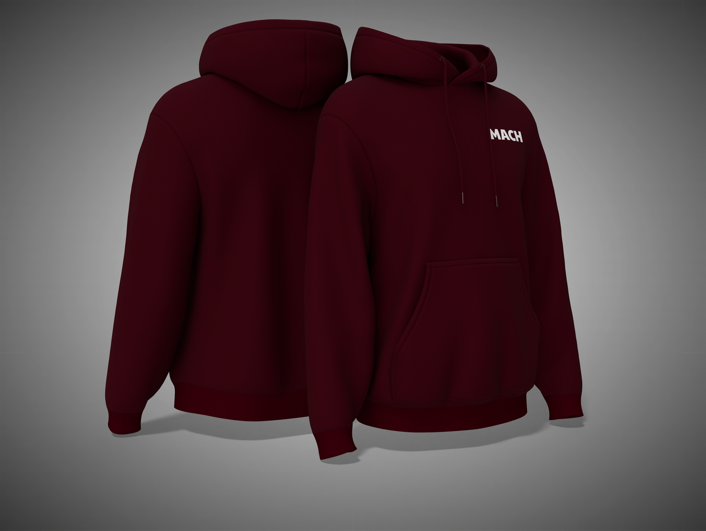Maroon hoodie shown from front and back on a gray background