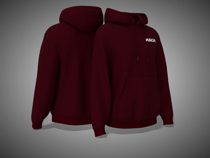Maroon hoodie shown from front and back on a gray background