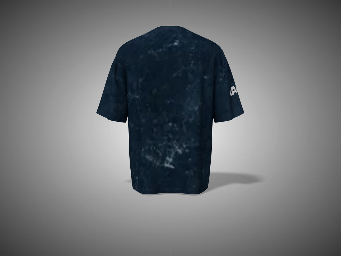 Black t-shirt with a brand logo on the sleeve against a gray background