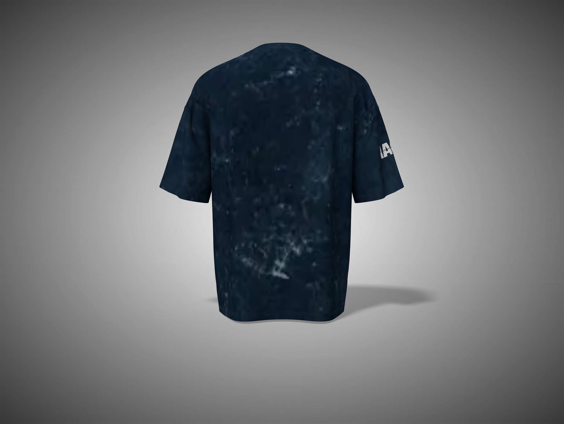 Black t-shirt with a brand logo on the sleeve against a gray background