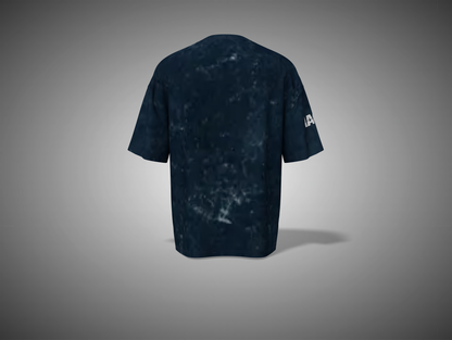 Black t-shirt with a brand logo on the sleeve against a gray background