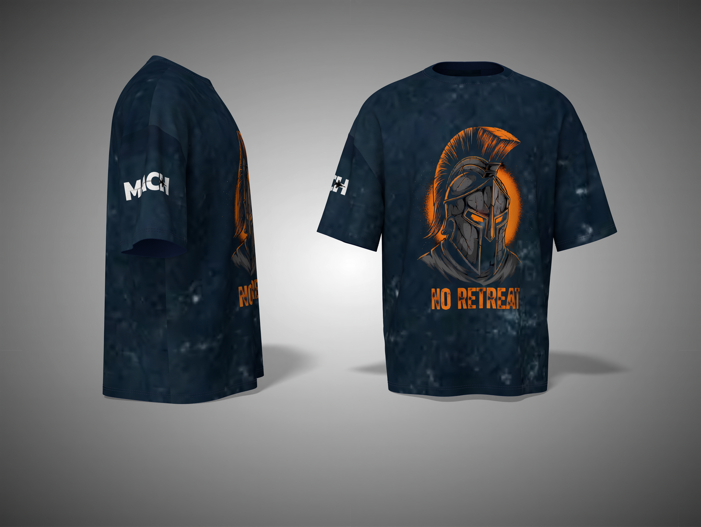NavyBlue t-shirt with warrior helmet graphic and 'No Retreat' text on a gray background