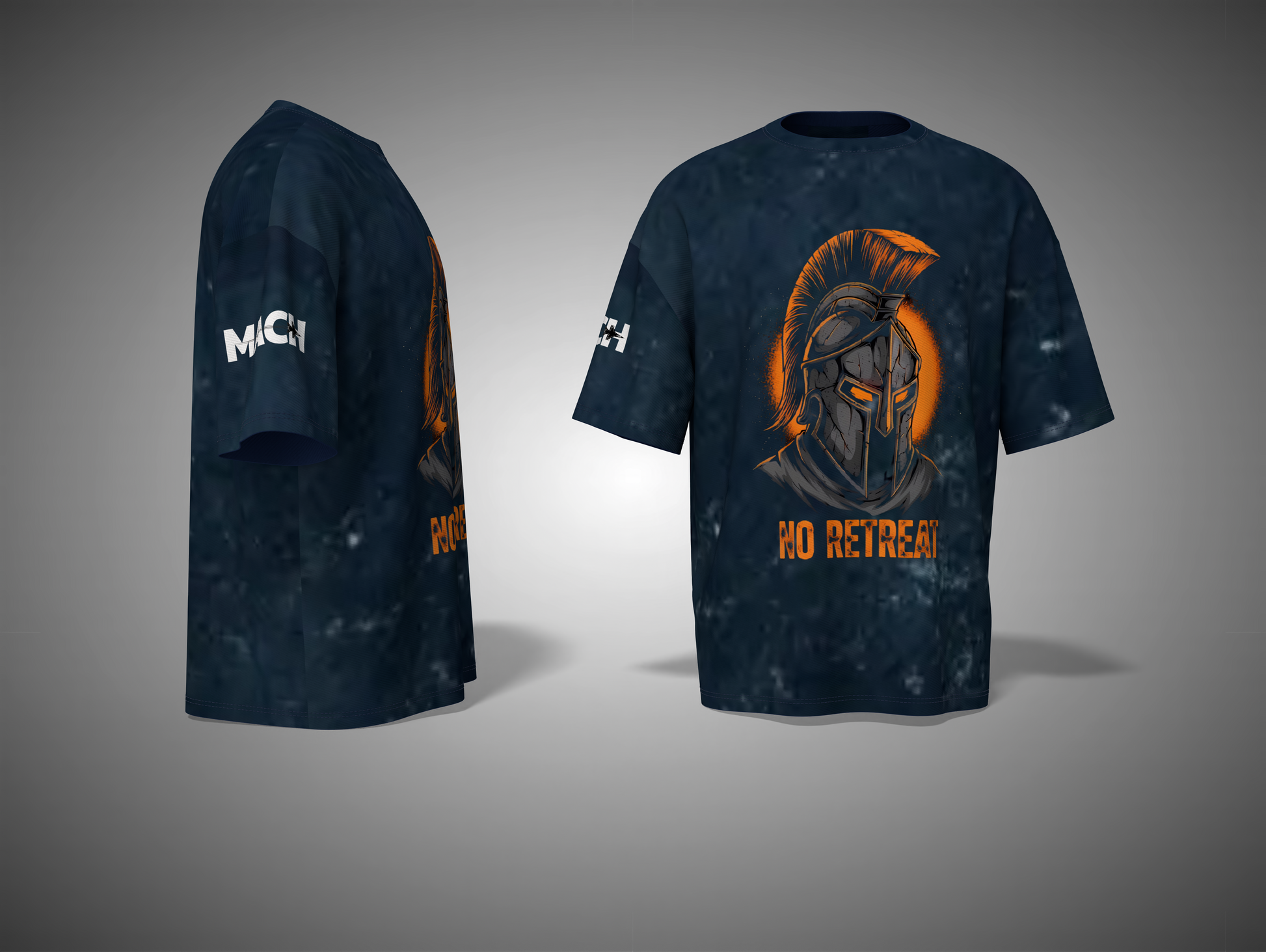 NavyBlue t-shirt with warrior helmet graphic and 'No Retreat' text on a gray background