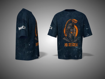 NavyBlue t-shirt with warrior helmet graphic and 'No Retreat' text on a gray background