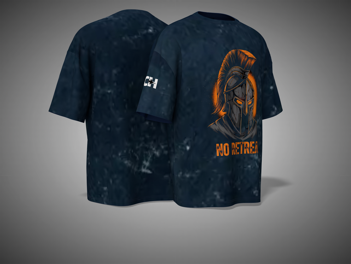 Navy Blue t-shirt with graphic design and 'No Retreat' text on a gray background