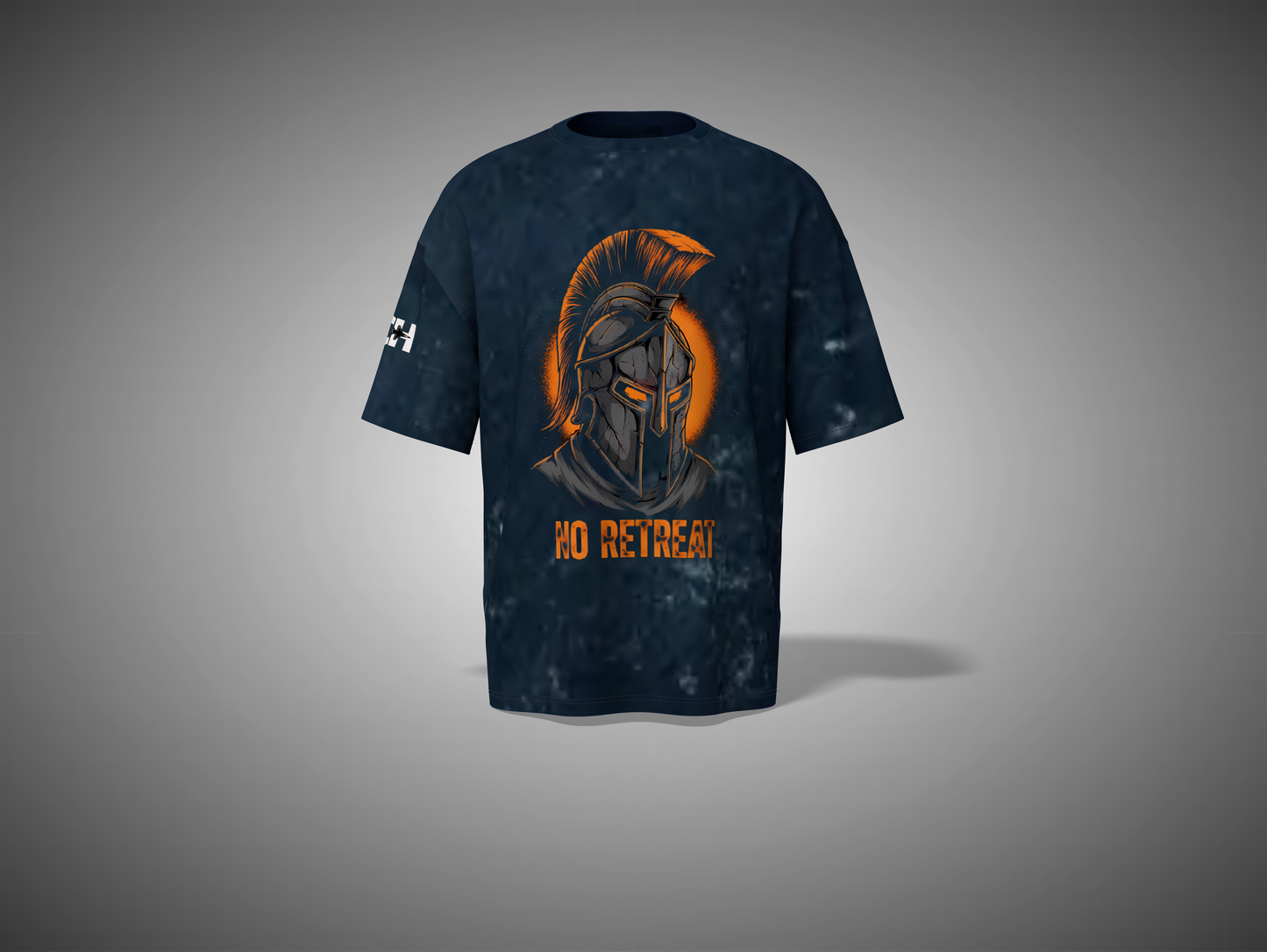 NavyBlue T-shirt with a Spartan helmet design and 'No Retreat' text on a gray background