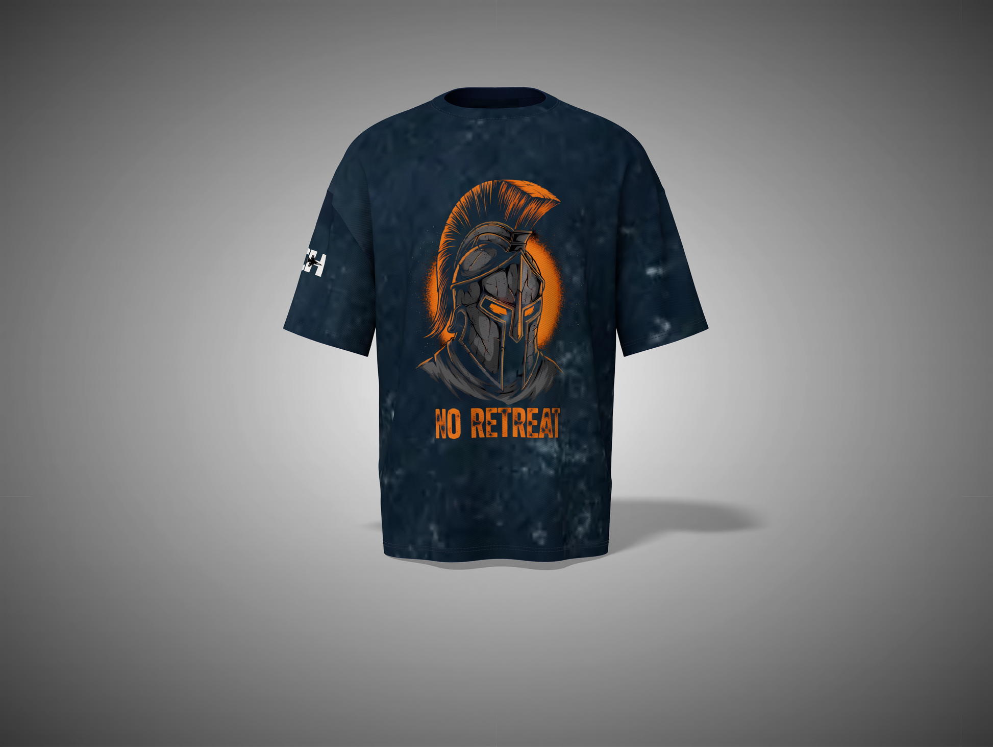 NavyBlue T-shirt with a Spartan helmet design and 'No Retreat' text on a gray background