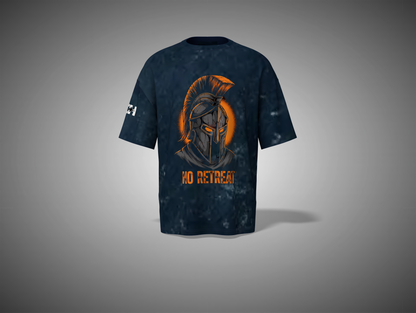 NavyBlue T-shirt with a Spartan helmet design and 'No Retreat' text on a gray background