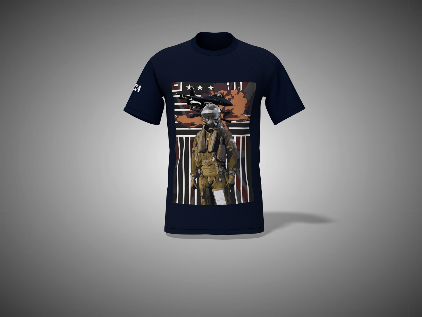 Navy blue t-shirt with a graphic design of a soldier and American flag on a gray background