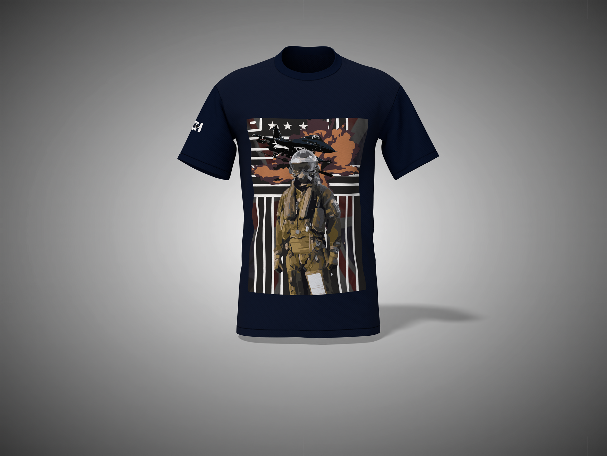 Navy blue t-shirt with a graphic design of a soldier and American flag on a gray background