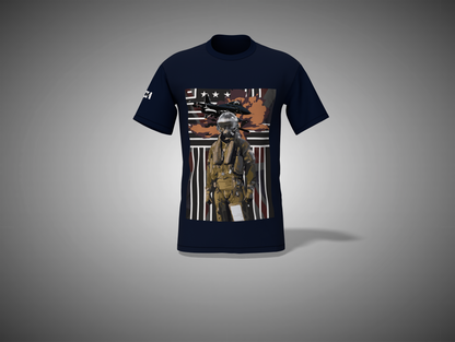 Navy blue t-shirt with a graphic design of a soldier and American flag on a gray background