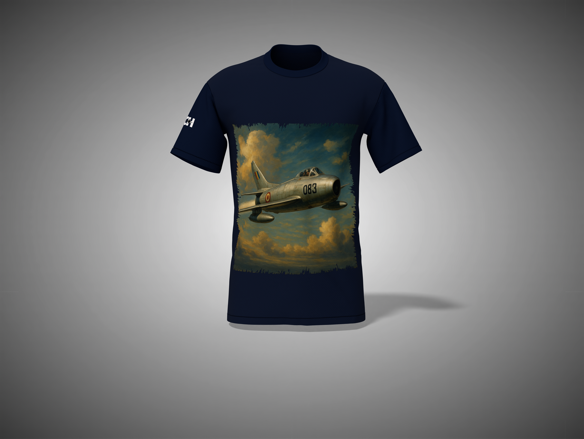 Navy blue t-shirt with an airplane graphic on a gray background