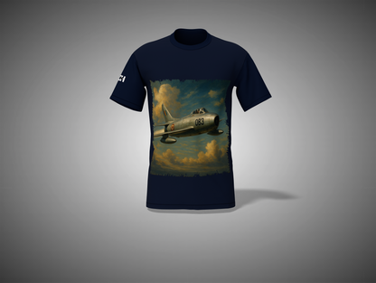 Navy blue t-shirt with an airplane graphic on a gray background