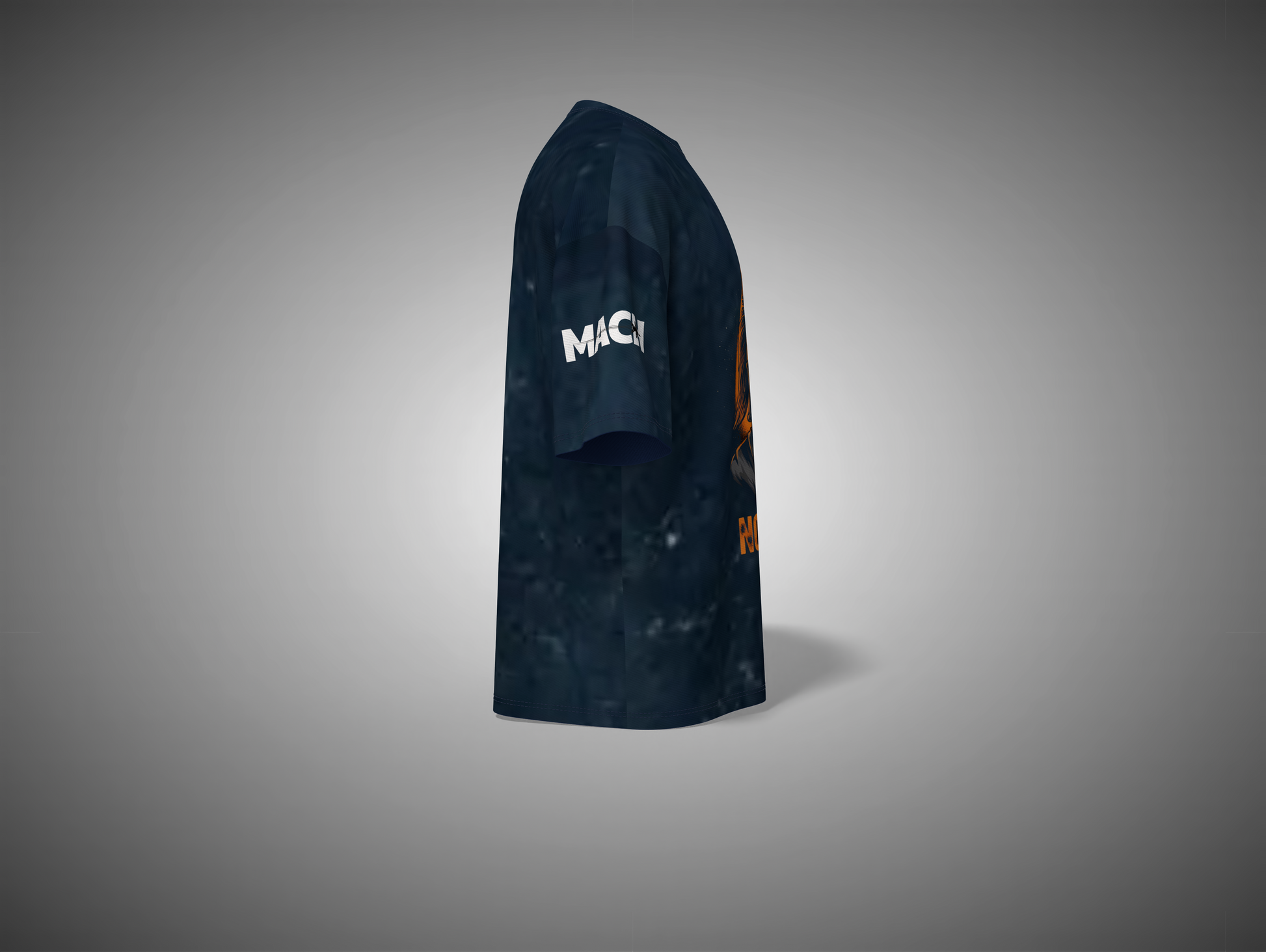 Navy Blue t-shirt with a brand logo on a gray background