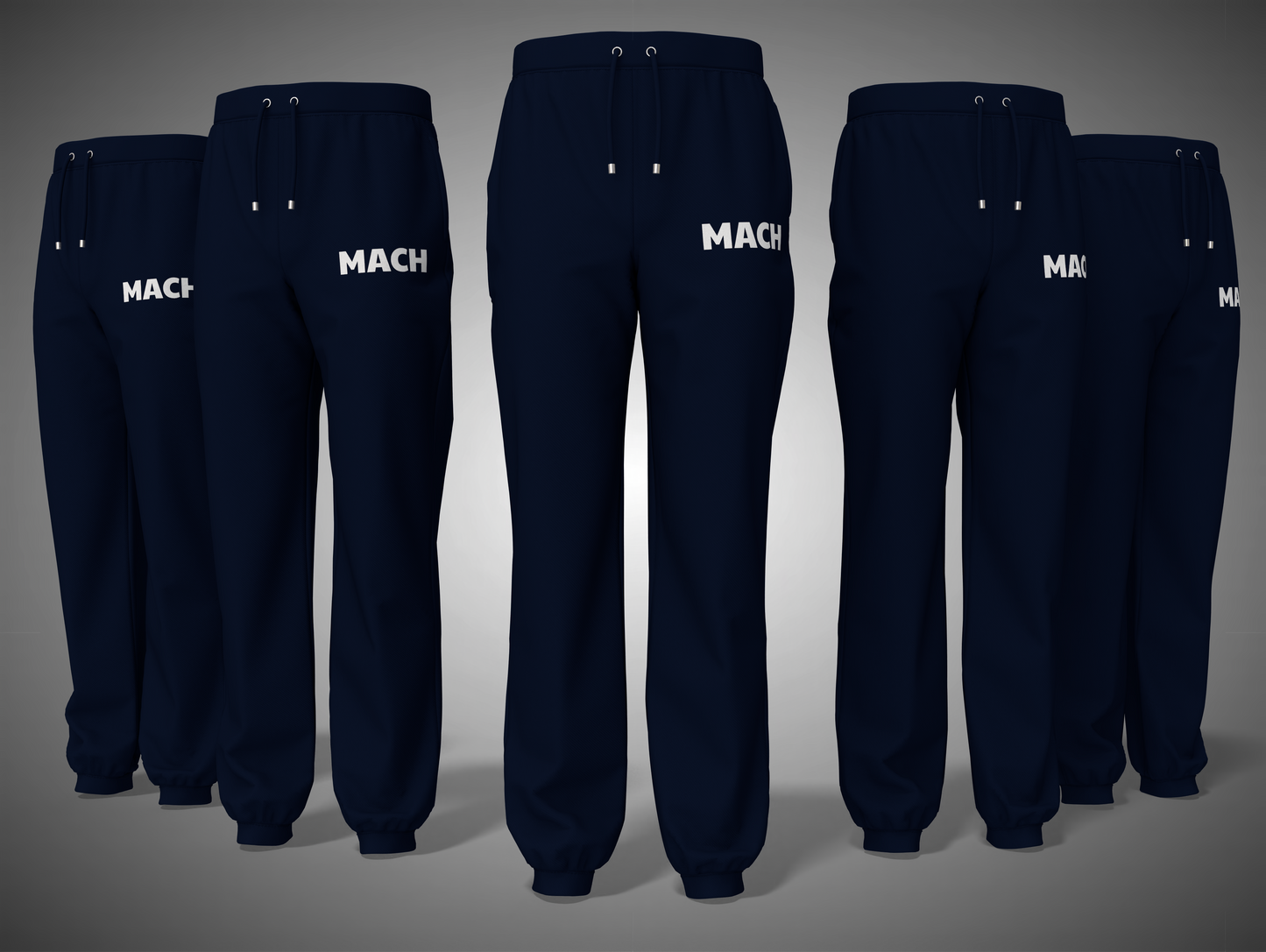 Navy blue sweatpants with 'MACH' branding on a gray background