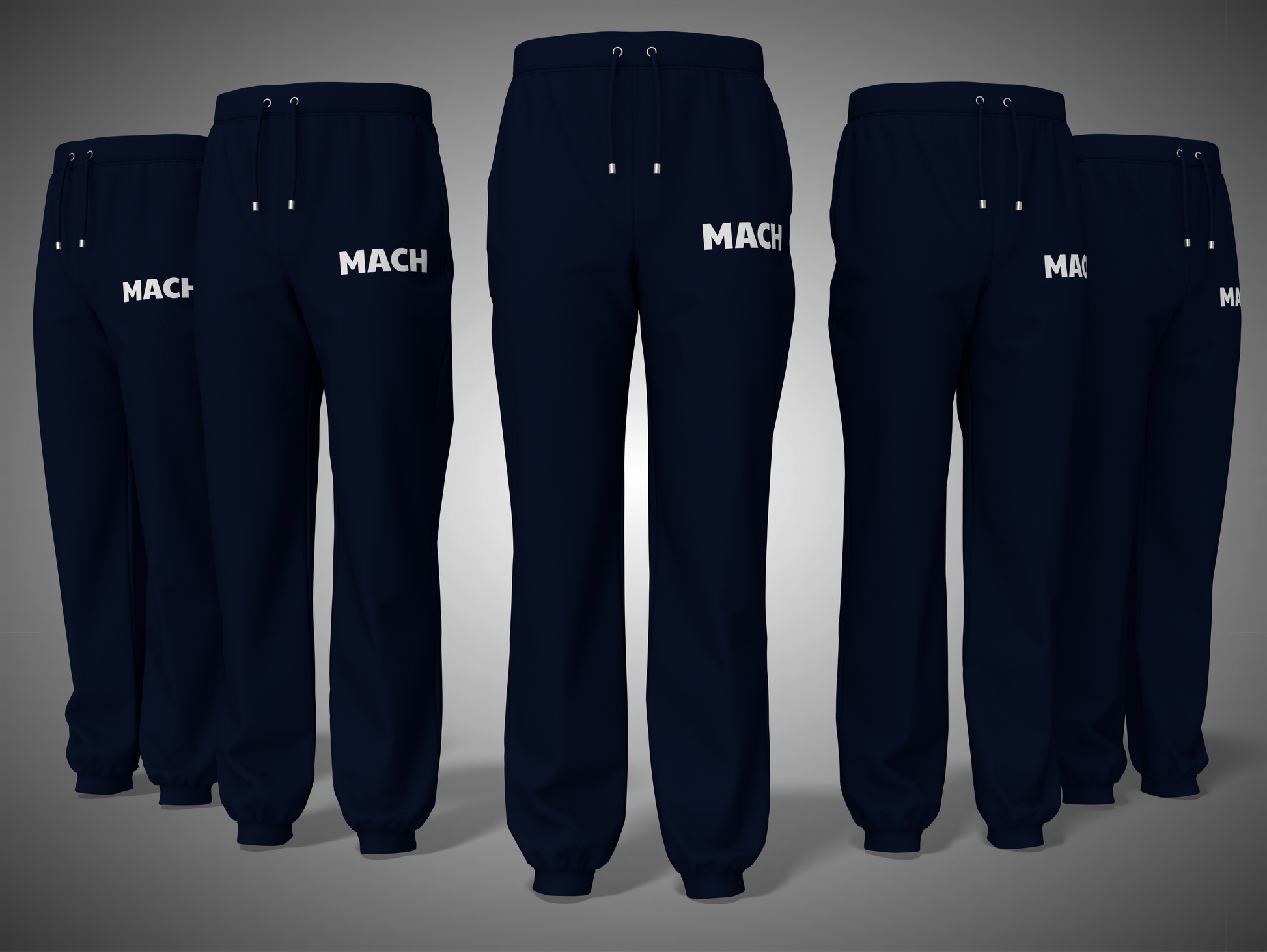 Navy blue sweatpants with 'MACH' branding on a gray background