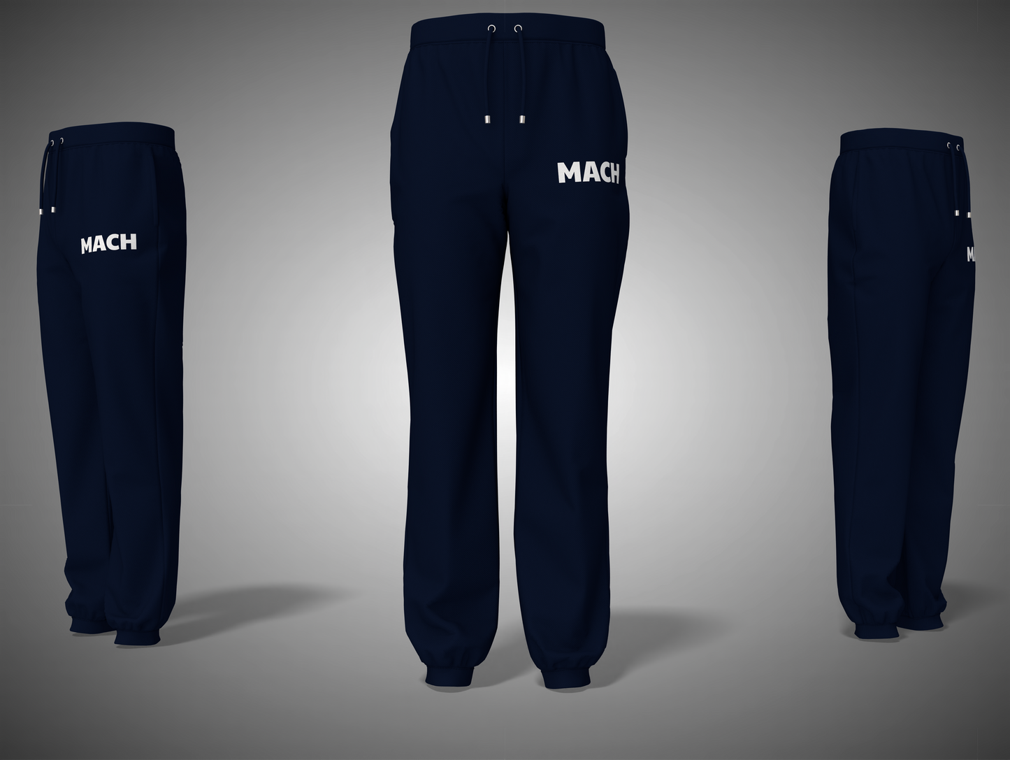 Navy blue pants with 'MACH' branding on a gray background