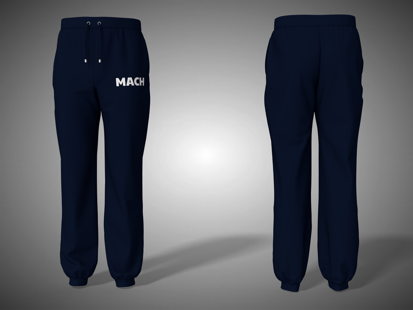 Navy blue sweatpants with 'MACH' branding on a gray background