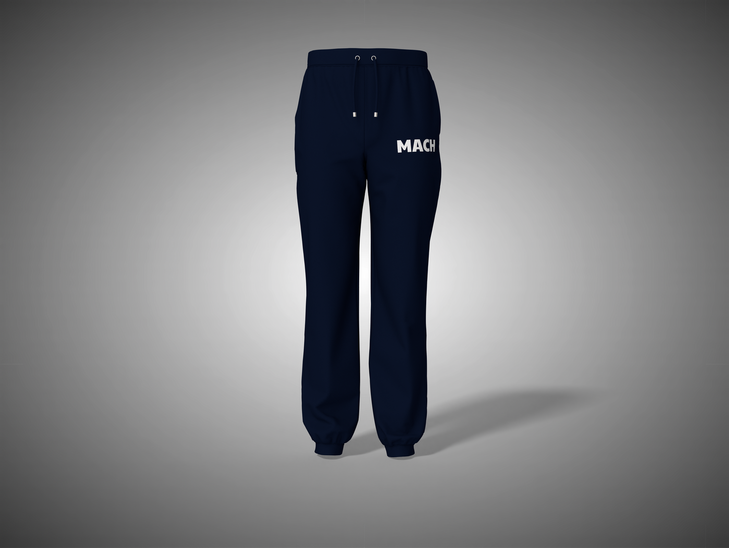 Navy blue sweatpants with 'MACK' branding on a gray background