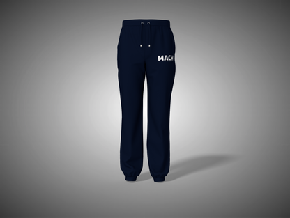 Navy blue sweatpants with 'MACK' branding on a gray background