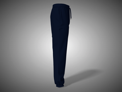 Navy blue sweatpants on a gray background