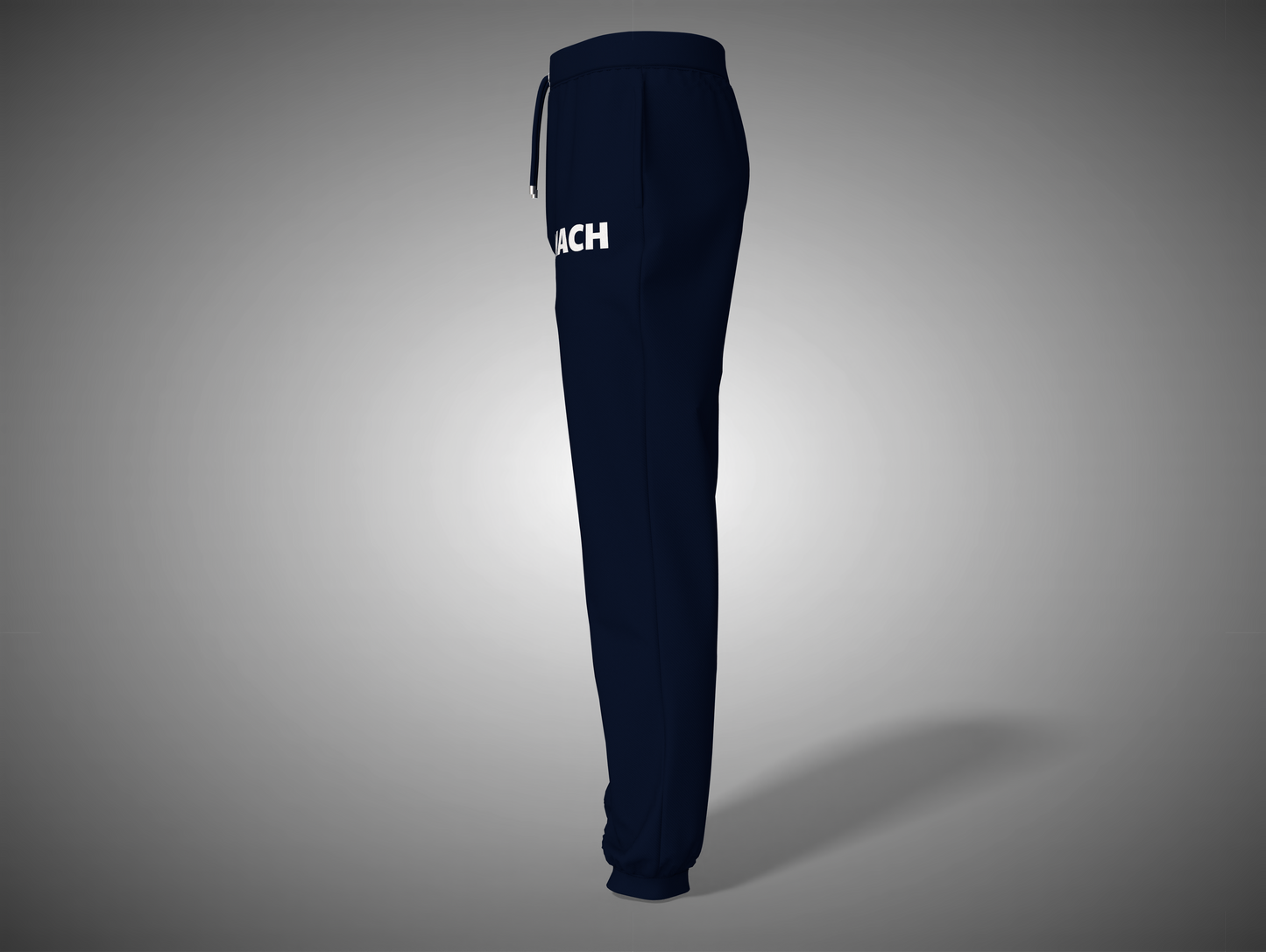 Navy blue sweatpants with a brand logo on a gray background