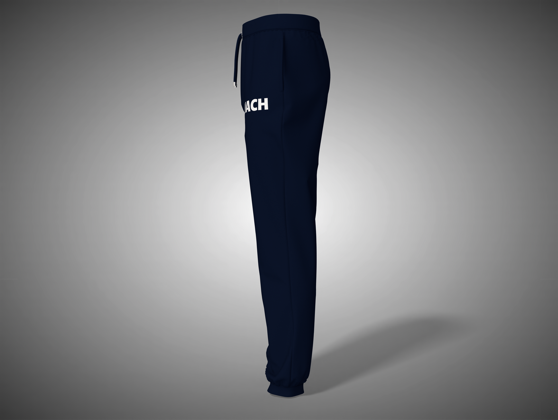 Navy blue sweatpants with a brand logo on a gray background
