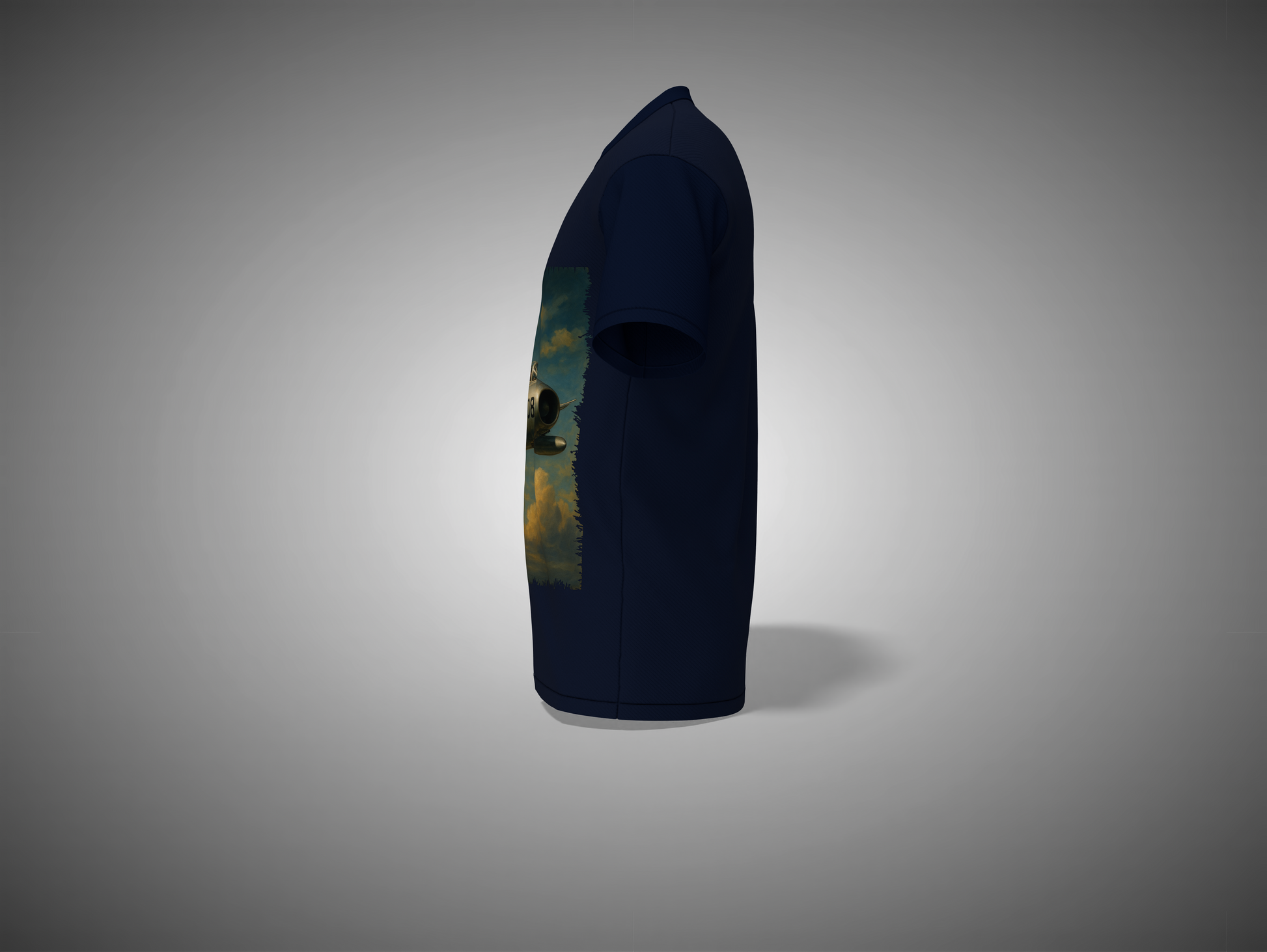 Navy blue t-shirt with a colorful graphic on a gray background