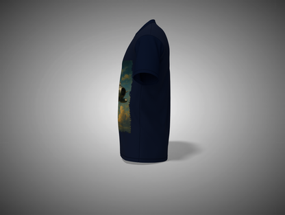 Navy blue t-shirt with a colorful graphic on a gray background