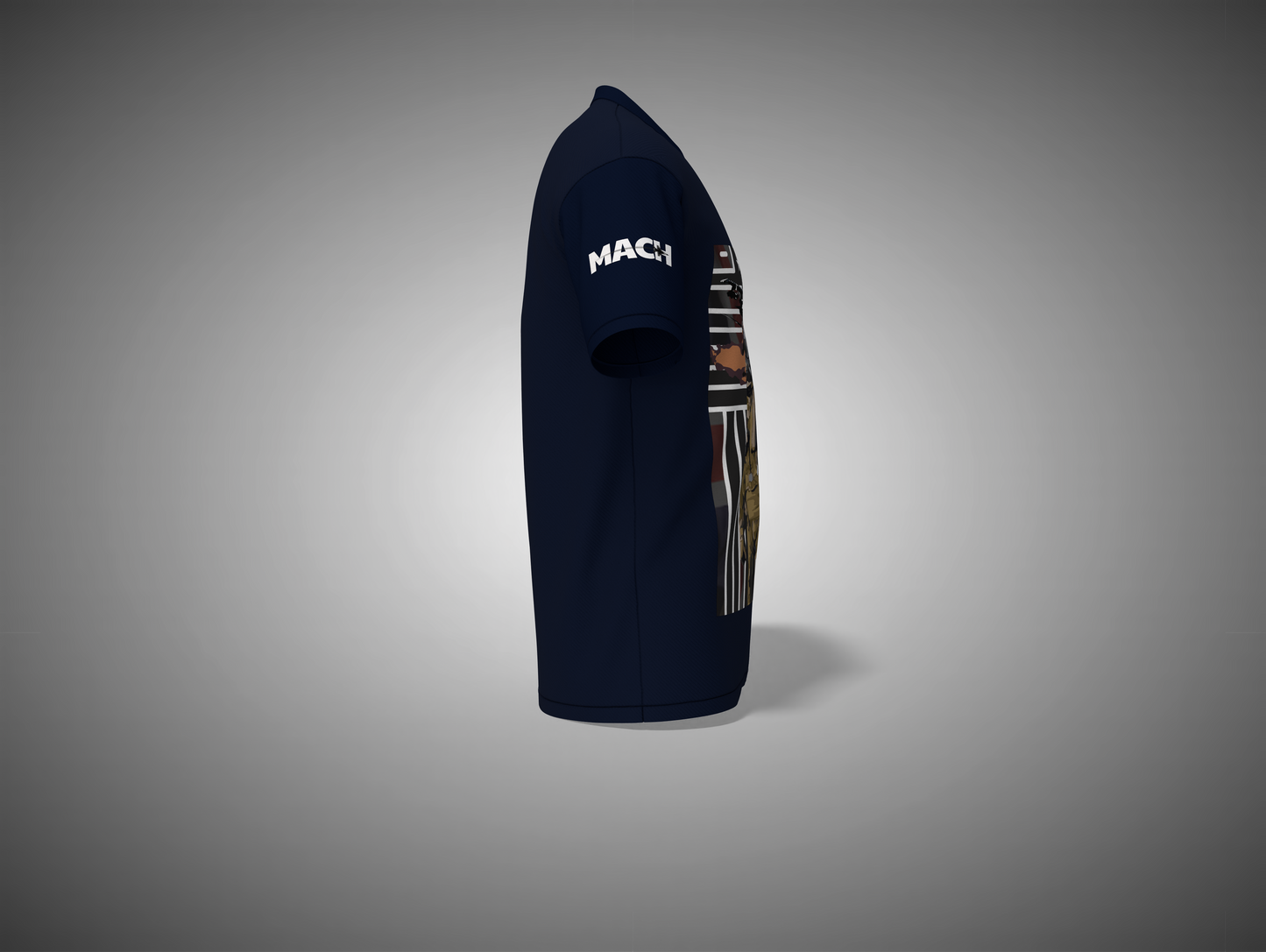 Navy blue t-shirt with brand logo on a gray background