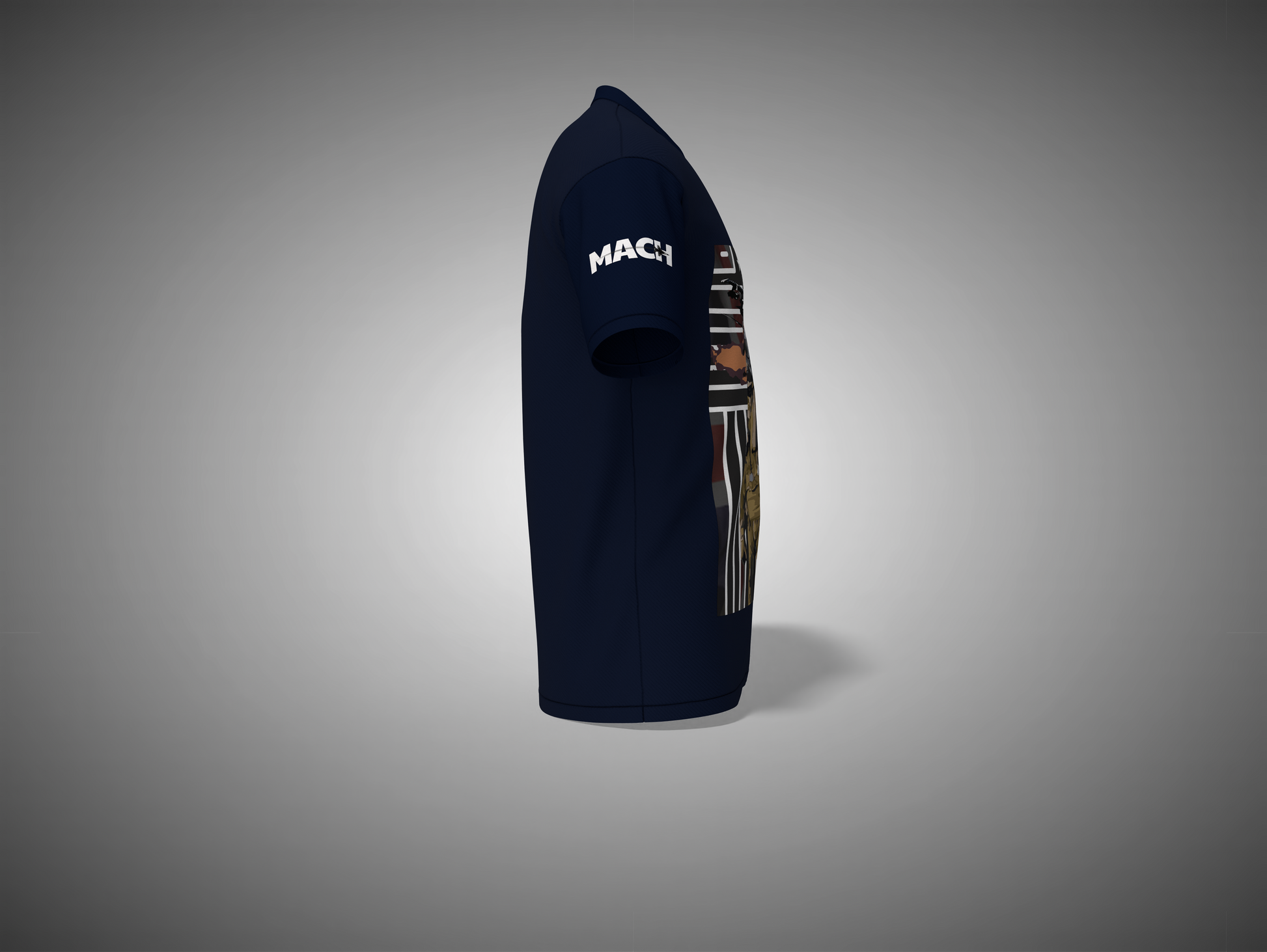 Navy blue t-shirt with brand logo on a gray background