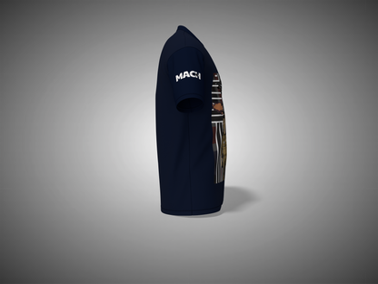 Navy blue t-shirt with brand logo on a gray background