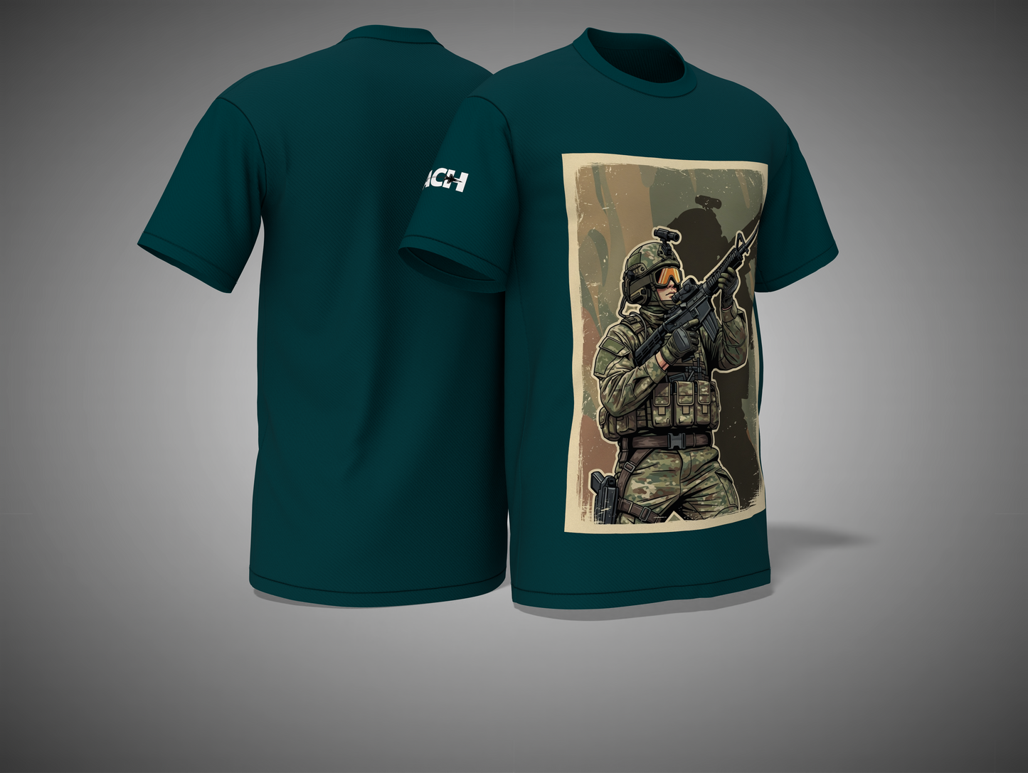 Navy Blue t-shirt with a graphic of a soldier on the back, displayed against a gray background.