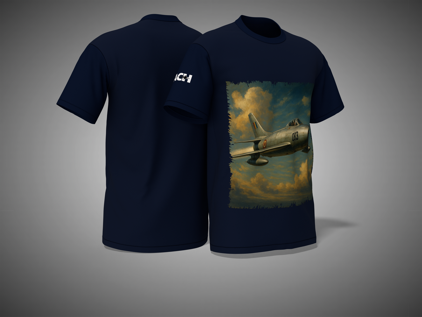Navy blue t-shirt with airplane graphic on a gray background