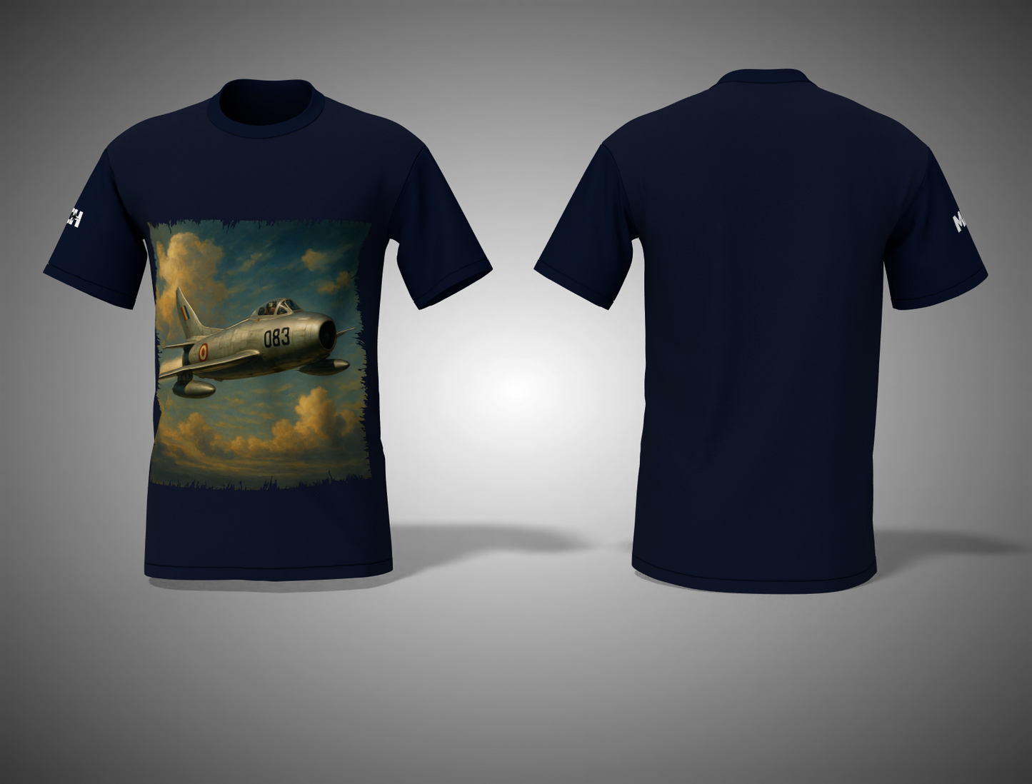 Navy blue t-shirt with an airplane graphic on a gray background