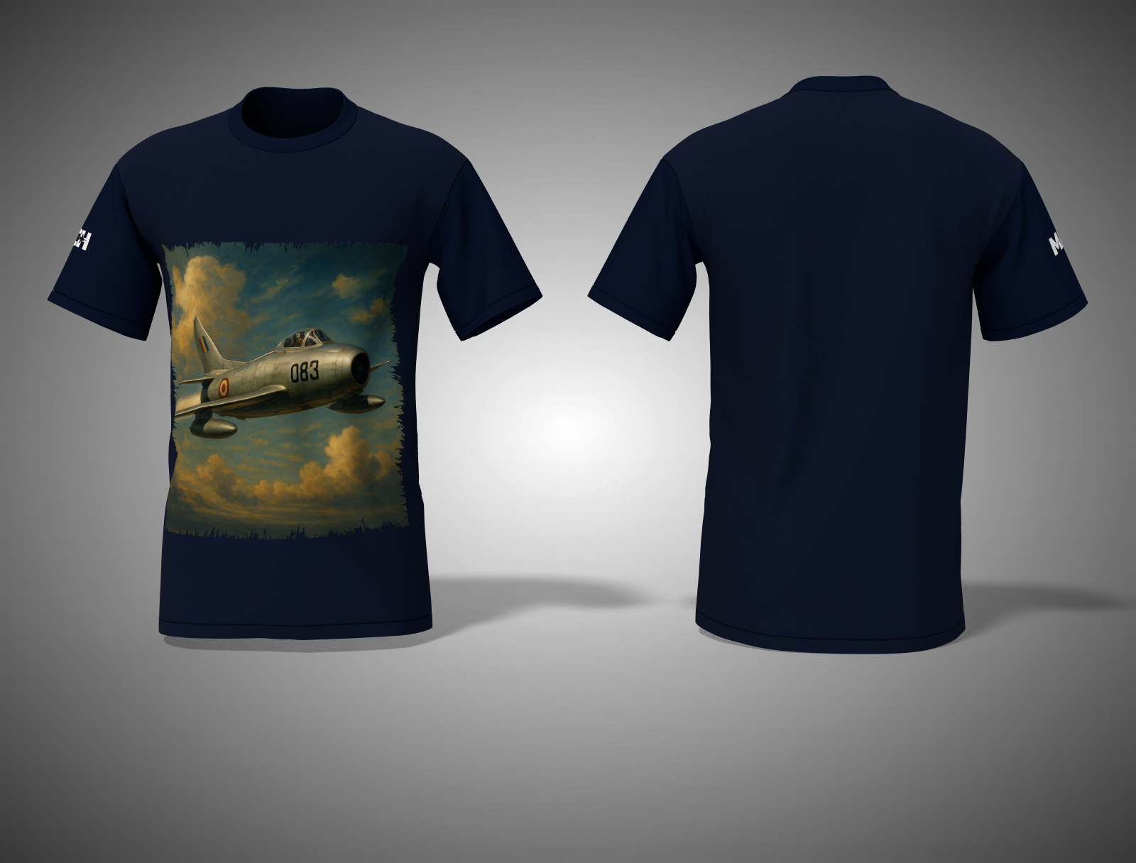 Navy blue t-shirt with an airplane graphic on a gray background