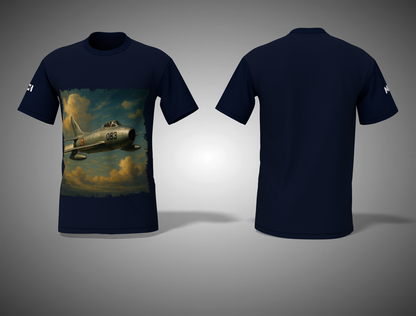 Navy blue t-shirt with an airplane graphic on a gray background