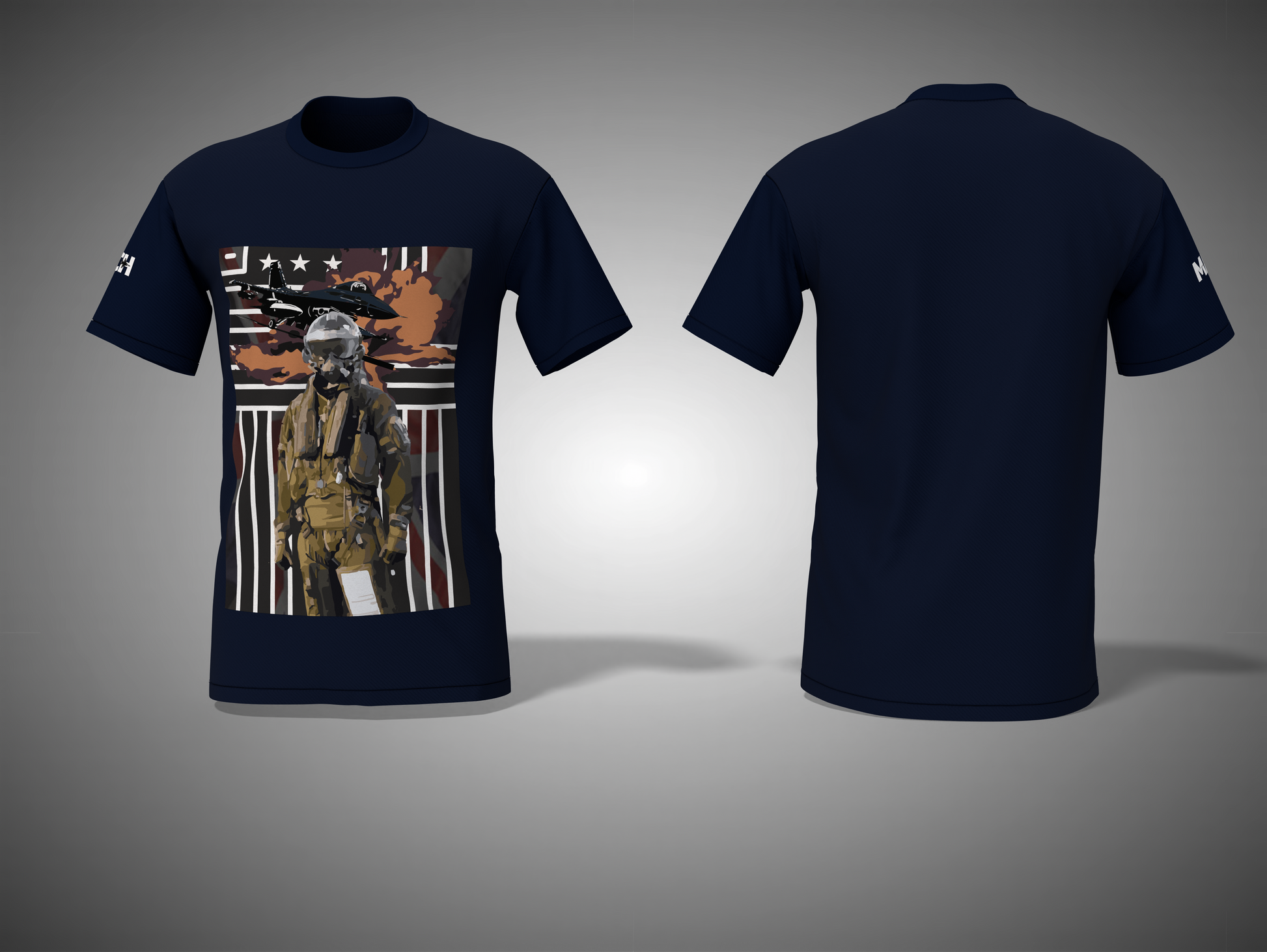 Navy blue t-shirt with graphic design on front and back