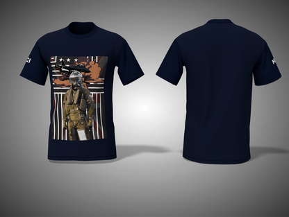 Navy blue t-shirt with graphic design on front and back