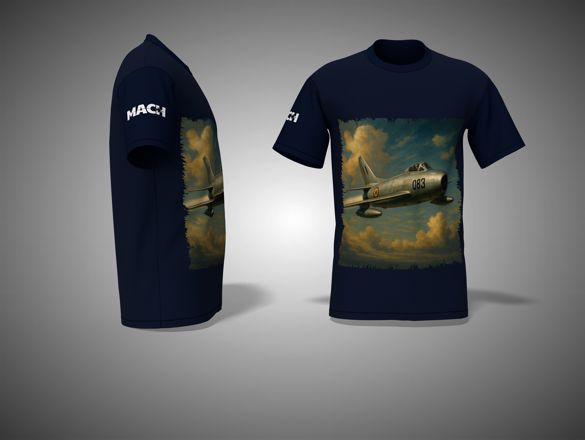 Navy blue t-shirt with vintage airplane graphic on a gray background