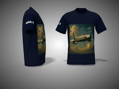 Navy blue t-shirt with vintage airplane graphic on a gray background