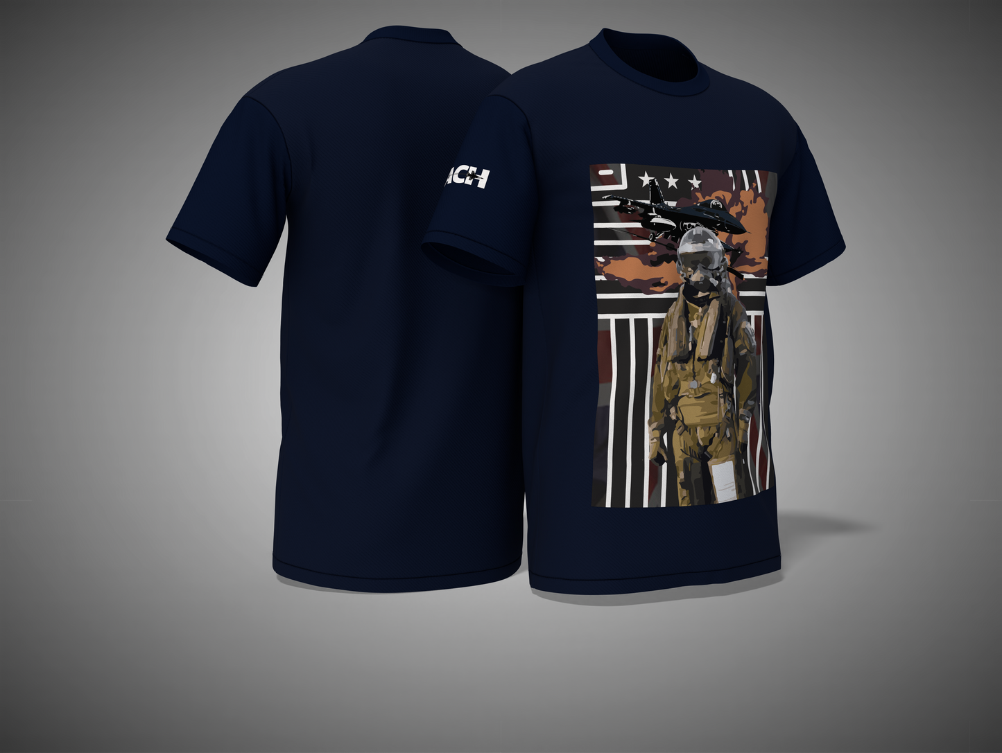 Navy blue t-shirt with graphic design on a gray background