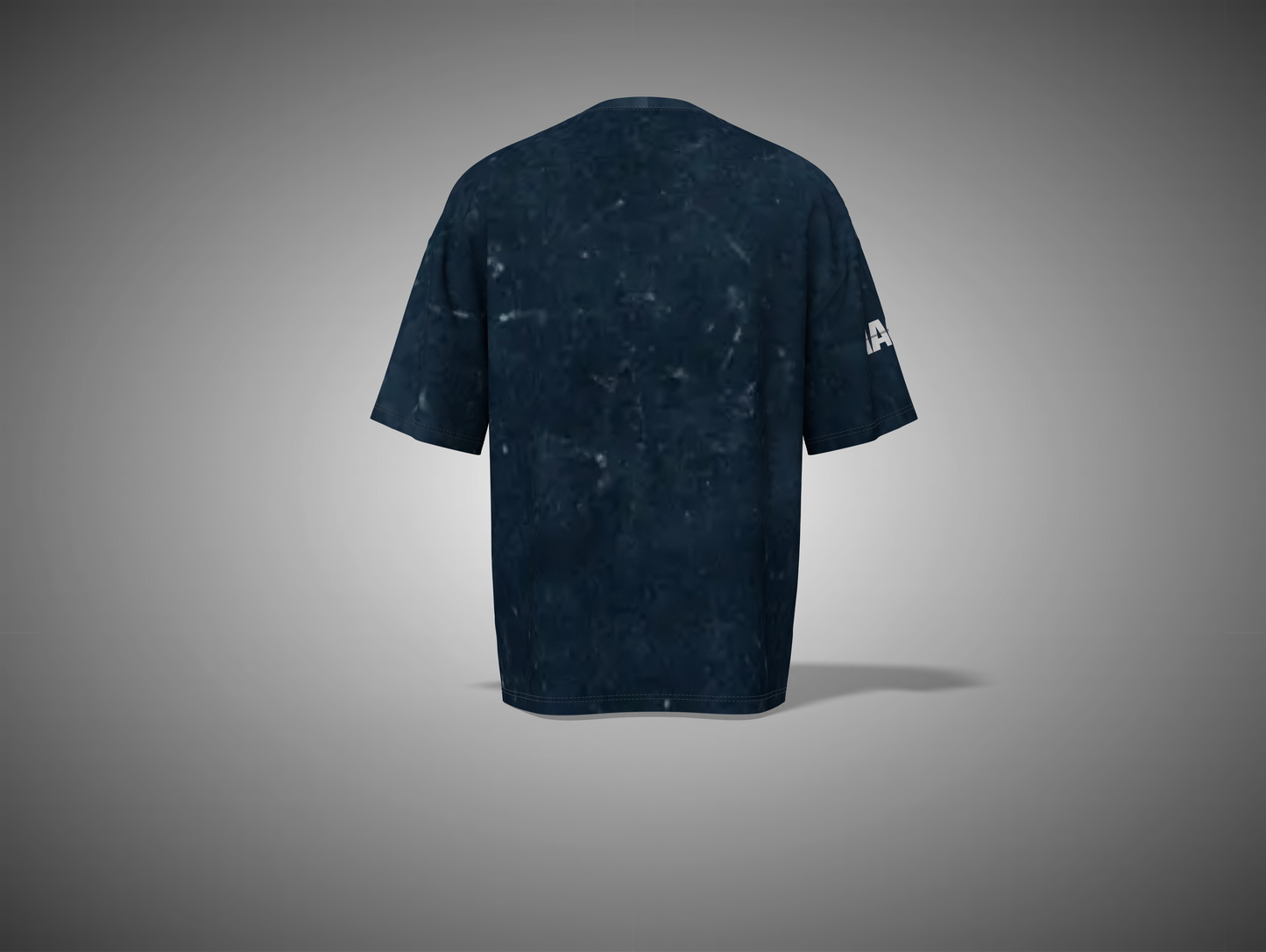 Navy Blue t-shirt with a logo on the sleeve against a gray background