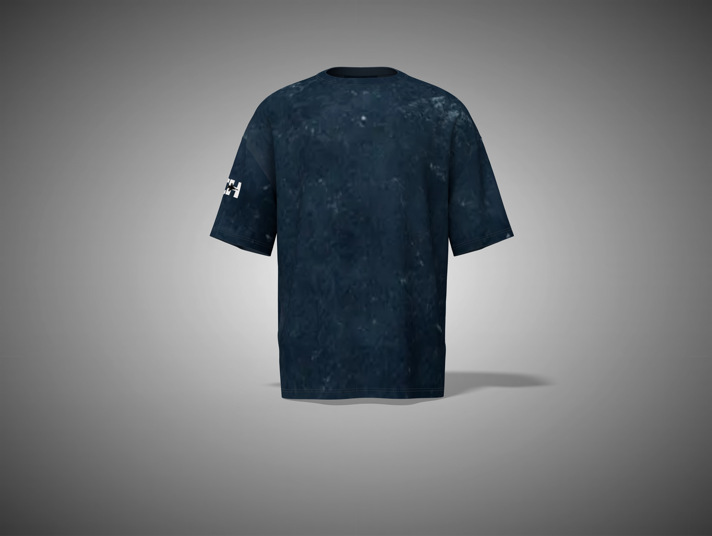 Navy Blue t-shirt with a small white logo on the back against a gray background