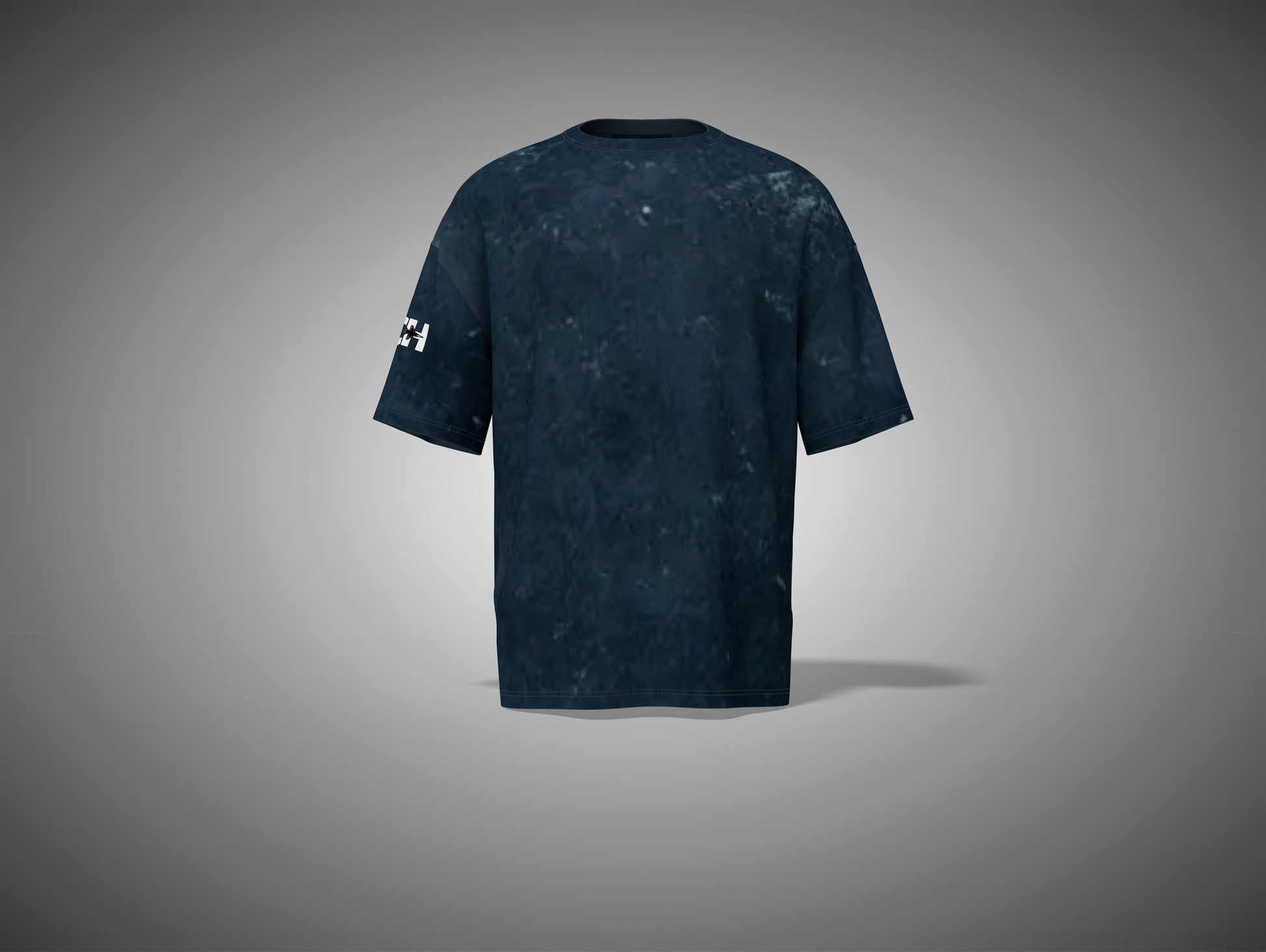 Navy Blue t-shirt with a small white logo on the back against a gray background