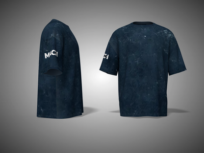 Navy blue t-shirt with a brand logo on a gray background