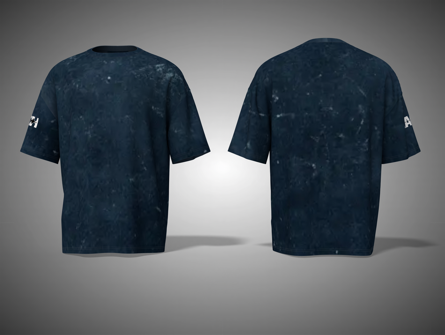 Navy blue t-shirt with white patterns on a gray background